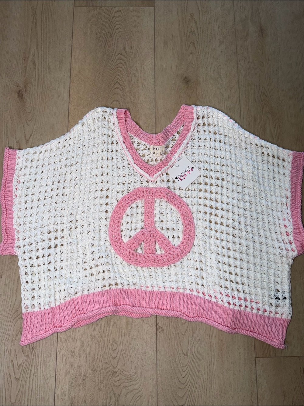 NWT Crochet Peace Sign Mesh Sweater Vest - White & Pink Size Small